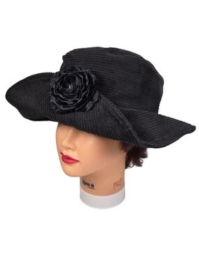 Cocoa Women's Black Corduroy Wide Brim Bucket Hat Fabric Flower Cloche Boho